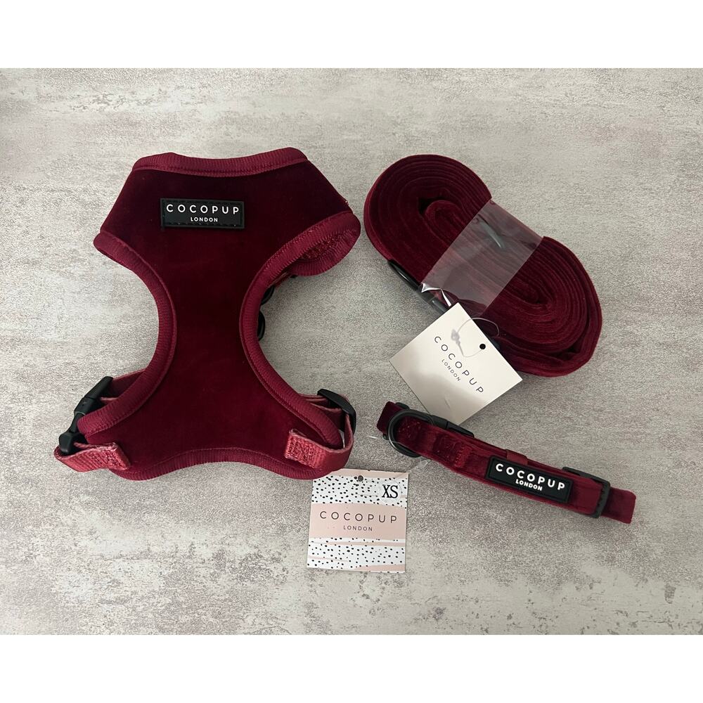 Cocopup Luxe Berry Red Velvet Adjustable Harness XXS Collar, and Lead Leash NWT